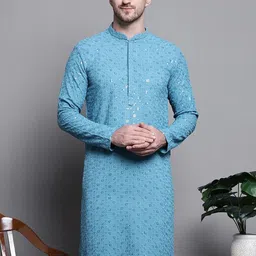 Pro-Ethic STYLE DEVELOPER Men Floral Embroidered Angrakha Sequinned Pure Cotton Kurta with Pyjamas-52