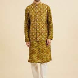 Manyavar Ethnic Motifs Printed Mandarin Collar Kurta And Trousers With Nehru Jacket-picture-0