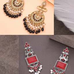 Anouk Set Of 2 Artificial Stones Studded and Beaded Drop Earrings image 4