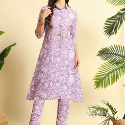 BHUMIKA CREATION Floral Printed Shirt Collar A-Line Kurta with Trousers-image-21