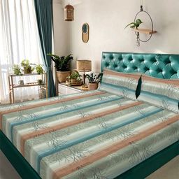 Myntra Elegant Homes Beige & Green Striped 300 TC King Bedsheet with 2 Pillow Covers-image-11