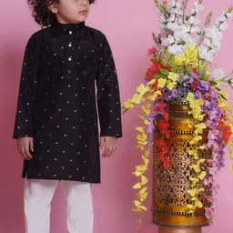 Little Bansi Boys Floral Embroidered Zari Cotton Silk Straight Kurta with Pyjamas-picture-55