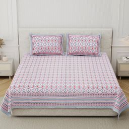 DE CAMA Pink & Blue Geometric Printed Cotton 210 TC King Bedsheet Set 2.28 m x 2.74 m-image-33