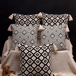 ANWYN Black & Beige 5 Pcs Geometric Printed Jacquard Square Tasselled Cushion Covers-picture-10