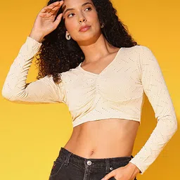Istyle Can Women Ruched Schiffli Blouson Crop Top-image-99