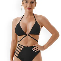 FIMBUL Self Design Halter Neck Triangle Side Panty Bikini Set-image-69