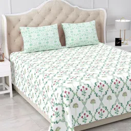 BELLA CASA White & Green Ethnic Motifs 210 TC King Bedsheet with 2 Pillow Covers-picture-45