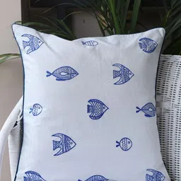Crown of Poppies White & Blue Indigo Fish Embroidered Cotton Square Cushion Cover-image-17