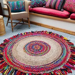 Handmakers Beige & Red Jute Cotton Cutting Strips Round Anti-Skid Living Room Rug-57