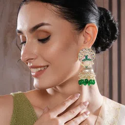 DressBerry Gold Plated Artificial Stones Studded & Beaded Dome Shaped Meenakari Jhumka-10
