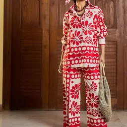 Pink Paprika by SASSAFRAS Floral Printed Shirt Collar Neck Shirt With Trousers Co-Ords-image-76