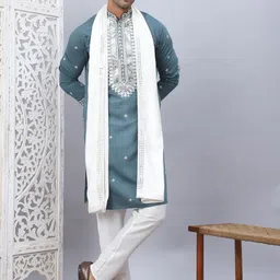 Jompers Men Floral Embroidered Regular Sequinned Kurta with Pyjamas & With Dupatta-0