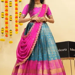 Fabcartz Embroidered Thread Work Semi-Stitched Lehenga & Unstitched Blouse With Dupatta-picture-13