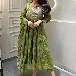 TWINS LADY Floral Embroidered Pure Cotton Notch Neck A-Line Kurta With Trousers & Dupatta-picture-40