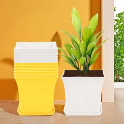 Kuber Industries 12-Pcs White & Yellow Premium Flower Pots for Garden withBottomPlates-76
