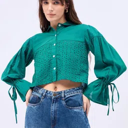 DressBerry Women Self Design Cotton Shirt Style Crop Top-image-19