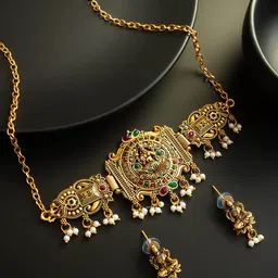 aadita Gold-Plated Kundan Studded & Artificial Beaded Temple Necklace & Earrings-image-19