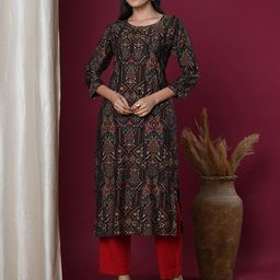 FASHOR Geometric Printed Sequinned Round Neck StraightKurta-image-4