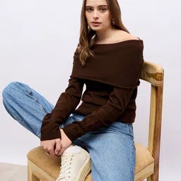 Styli Women Off Shoulder Regular Fit Flat Knit Sweater-image-25