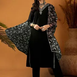 SheWill Floral Embroidered V-Neck Sequinned Straight Kurta With Trouser & Dupatta-image-23