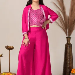 Sangria Pink & White Girls Floral Embroidered Crop Top With Palazzo And Jacket-image-70