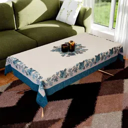 Aura Blue & White Floral Printed Anti-Skid Cotton 4-Seater Table Cover-image-46
