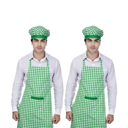 SWITCHON 2Pcs Green & White Checked Cotton Aprons With Cap image 1