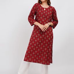 Lavantika Ethnic Motifs Printed Key Hole Neck Pure Cotton Straight Kurta-24