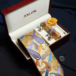 AXLON Men Striped Tie Pocket Square Cufflink & Flower Pin Accessory Gift Set-image-84