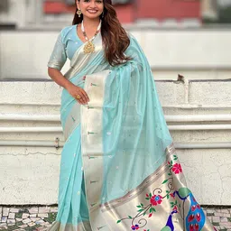 ELITE WEAVES Floral Woven Design Organza Paithani Saree-30