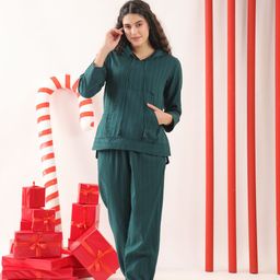 JISORA Solid Hooded Pure Cotton Co-ord Set-image-49