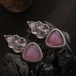 PANASH Silver-Plated Artifical Stones Studded Geometric Shaped Oxidised Drop Earrings-17