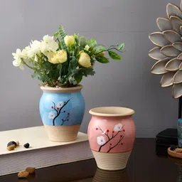 TAYHAA Peach-Coloured & Blue 2 Pieces Blossom Harmony Ceramic Planters-32