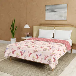 URBAN SPACE White & Peach-Coloured Floral Malmal Cotton 90 GSM AC Room Double Bed Dohar-image-72