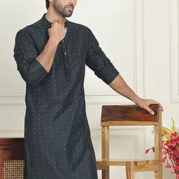 Anouk Black Floral Woven Design Mandarin Collar Jacquard Silk Straight Kurta-56