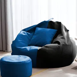 AARIJ MART Blue 3 Pieces Colourblocked Leather Bean Bag With Footrest & Cushion-picture-42