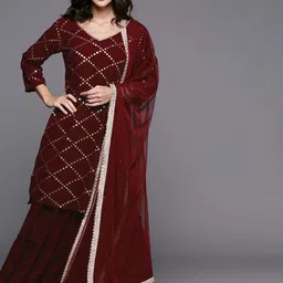 SWEETPEL Women Woven Design Embroidered Kurta with Sharara & Dupatta-picture-18