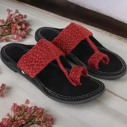 DFR Red & Black Knitted Ethnic Rajasthani Slipper Chappals-picture-35