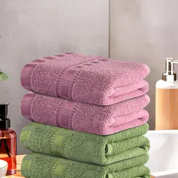 Kuber Industries Green & Pink 4 Pieces Striped Cotton Anti-Bacterial 225 GSM Face Towels-88