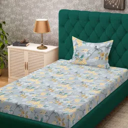 KLOTTHE Grey & Yellow Floral Printed 300 TC Fitted Single Bedsheet - 2.25 m x 1.50 m-4