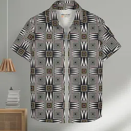 HELLCAT Boys Spread Collar Geometric Printed Cotton Casual Shirt-31