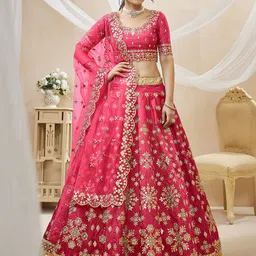 ETHNIC PLUS Embroidered Sequinned Semi-Stitched Lehenga & Blouse With Dupatta-image-46