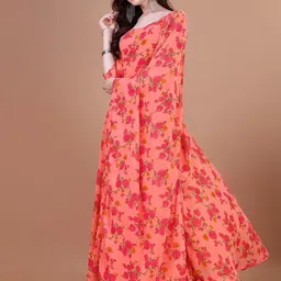Femvy Floral Printed Empire Round Neck Chiffon Anarkali Kurta With Dupatta-46