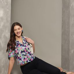 KALINI Women Floral Printed Roll-Up Sleeves Cotton Shirt Style Crop Top-image-85