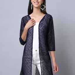 A AND K Self Design Cotton Sheer Open Front Longline Shrug-16