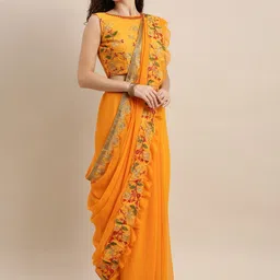 KALINI Orange Embroidered Poly Georgette Leheriya Saree-picture-10