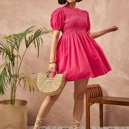 ZUMMER Women Round Neck Puff Sleeve Smocked Fit & Flare Mini Dress-image-39