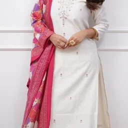 KALINI Floral Zari Embroidered Notch-Neck Straight Kurta With Trouser & Dupatta-image-64
