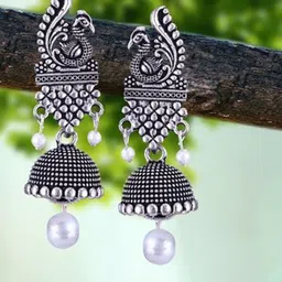 MEENAZ Set Of 4 Silver-Plated Peacock Shaped Oxidised Jhumkas-7
