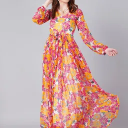 MINOS Women Floral Print V-Neck Chiffon Maxi Dress-image-24